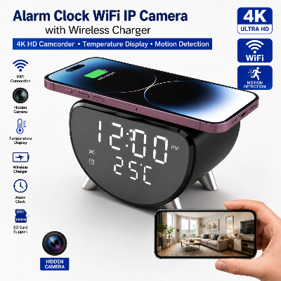 Picture of Wifi IP Camera Wireless Charger with Spy Hidden Alarm Clock Camera 4K HD Camcorder Security Camera