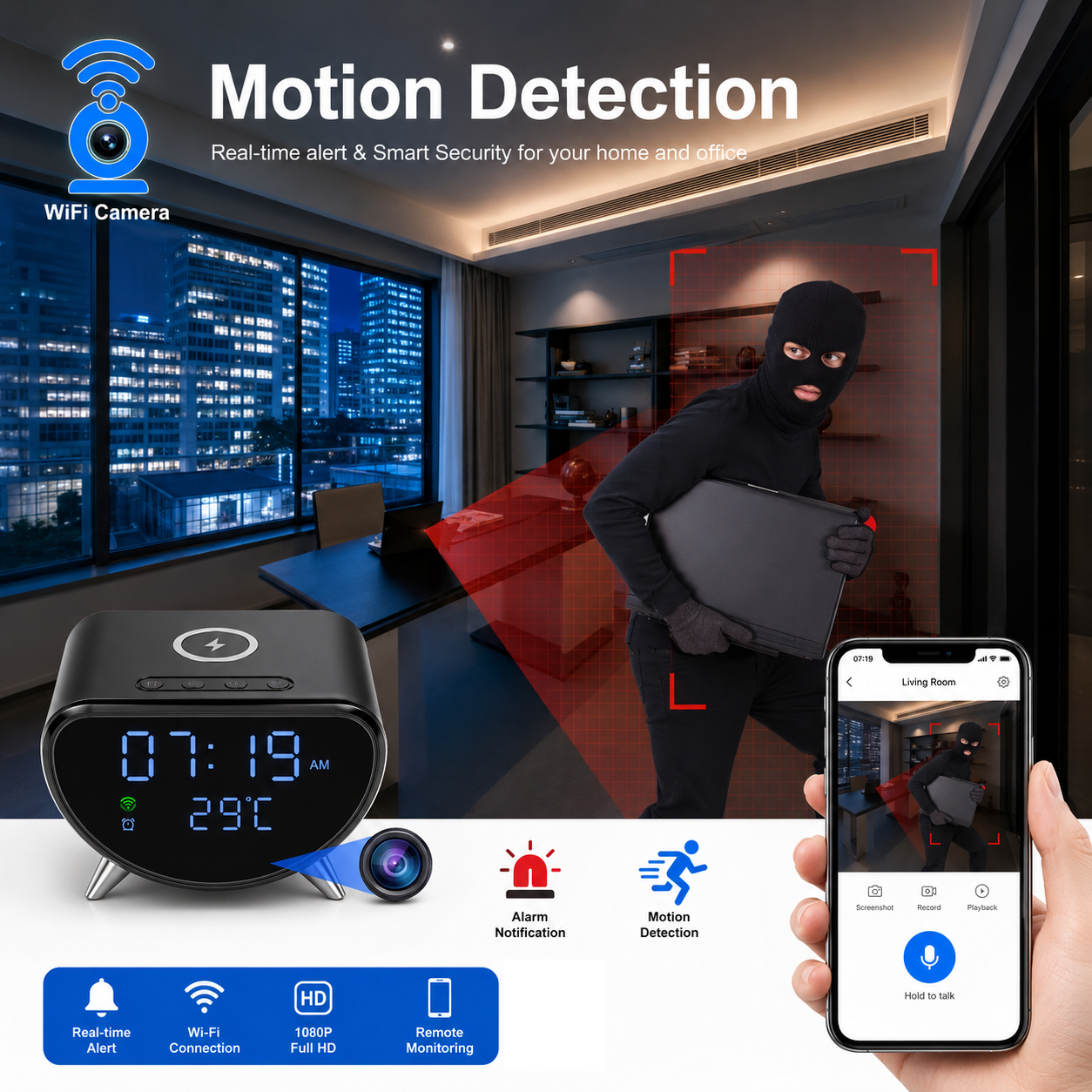 Picture of Wifi IP Camera Wireless Charger with Spy Hidden Alarm Clock Camera 4K HD Camcorder Security Camera