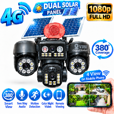 Picture of V380 Pro 2 Solar plates 4 Lenses 4 View 3 PTZ Moving by app 4G Security Camera 4MP+4MP+4MP+4MP Smart 4G IP Security Cameras with 360° Coverage, Night Vision & Two Way Audio