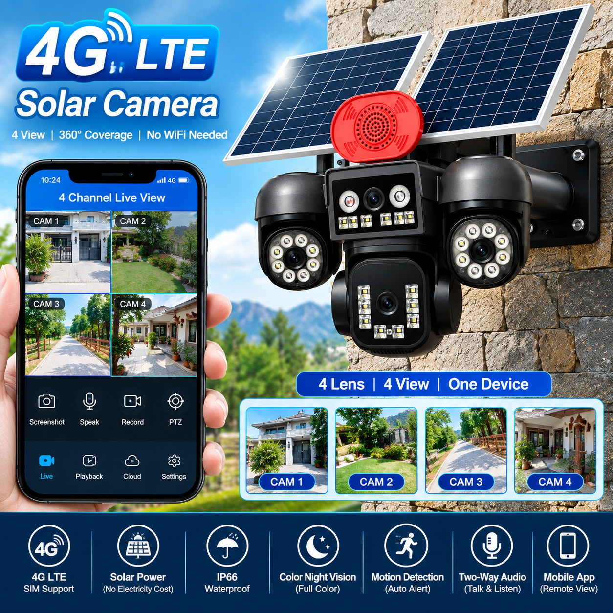 Picture of V380 Pro 2 Solar plates 4 Lenses 4 View 3 PTZ Moving by app 4G Security Camera 4MP+4MP+4MP+4MP Smart 4G IP Security Cameras with 360° Coverage, Night Vision & Two Way Audio