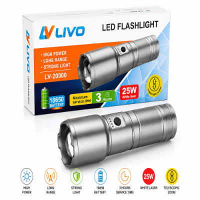 Picture of LIVO LV-20000 25W LED Flashlight – Long Range Telescopic Zoom Torch
