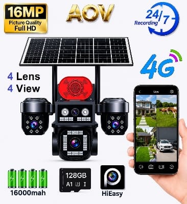 Picture of 4G Sim Solar IP Camera 4 Lens 4 Camera View  Dual Soler 16000mAh Battery Backup AOV Technology CCTV Camera Waterproof, NIGHT VISION, Two-Way Audio, motion detection Security Camera