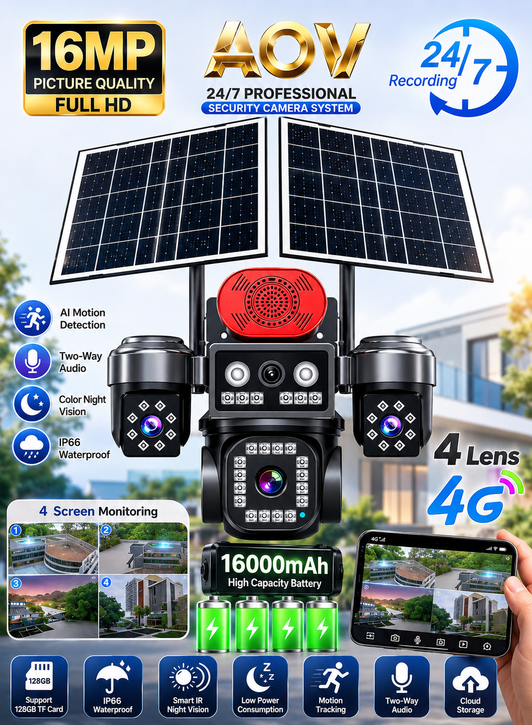 Picture of 4G Sim Solar IP Camera 4 Lens 4 Camera View  Dual Soler 16000mAh Battery Backup AOV Technology CCTV Camera Waterproof, NIGHT VISION, Two-Way Audio, motion detection Security Camera