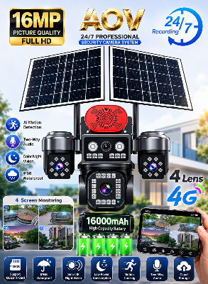 Picture of 4G Sim Solar IP Camera 4 Lens 4 Camera View  Dual Soler 16000mAh Battery Backup AOV Technology CCTV Camera Waterproof, NIGHT VISION, Two-Way Audio, motion detection Security Camera