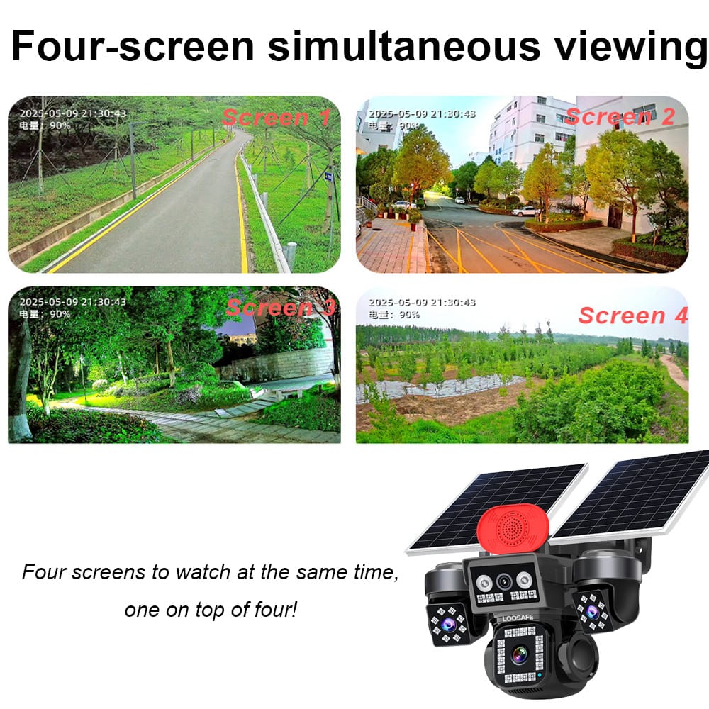 Picture of 4G Sim Solar IP Camera 4 Lens 4 Camera View  Dual Soler 16000mAh Battery Backup AOV Technology CCTV Camera Waterproof, NIGHT VISION, Two-Way Audio, motion detection Security Camera