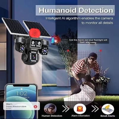 Picture of 4G Sim Solar IP Camera 4 Lens 4 Camera View  Dual Soler 16000mAh Battery Backup AOV Technology CCTV Camera Waterproof, NIGHT VISION, Two-Way Audio, motion detection Security Camera