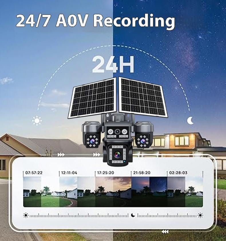 Picture of 4G Sim Solar IP Camera 4 Lens 4 Camera View  Dual Soler 16000mAh Battery Backup AOV Technology CCTV Camera Waterproof, NIGHT VISION, Two-Way Audio, motion detection Security Camera