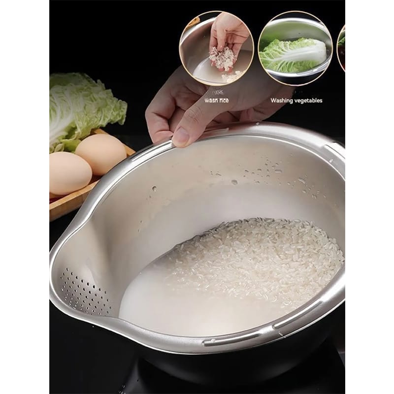 Picture of Rice Washer Strainer Bowl Stainless Steel 304 Rice Washing Bowl Rice Sieve Colander Fruit And Vegetable Strainer Kitchen Tools