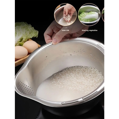 Picture of Rice Washer Strainer Bowl Stainless Steel 304 Rice Washing Bowl Rice Sieve Colander Fruit And Vegetable Strainer Kitchen Tools