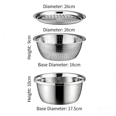 Picture of Food Chopper Vegetable Slicer 3pcs Stainless Steel Metal QX Kitchen Tools Food Chopper Vegetable Slicer Dicer Cutter Grater Fruit Vegetable Drain Basin Set
