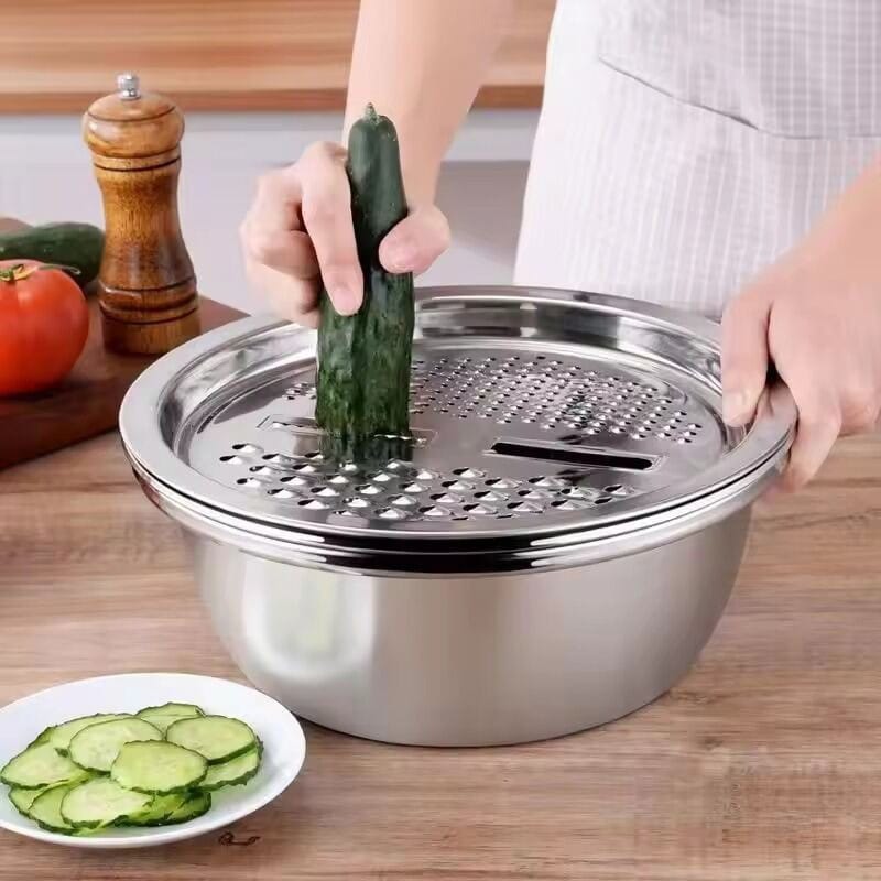 Picture of Food Chopper Vegetable Slicer 3pcs Stainless Steel Metal QX Kitchen Tools Food Chopper Vegetable Slicer Dicer Cutter Grater Fruit Vegetable Drain Basin Set