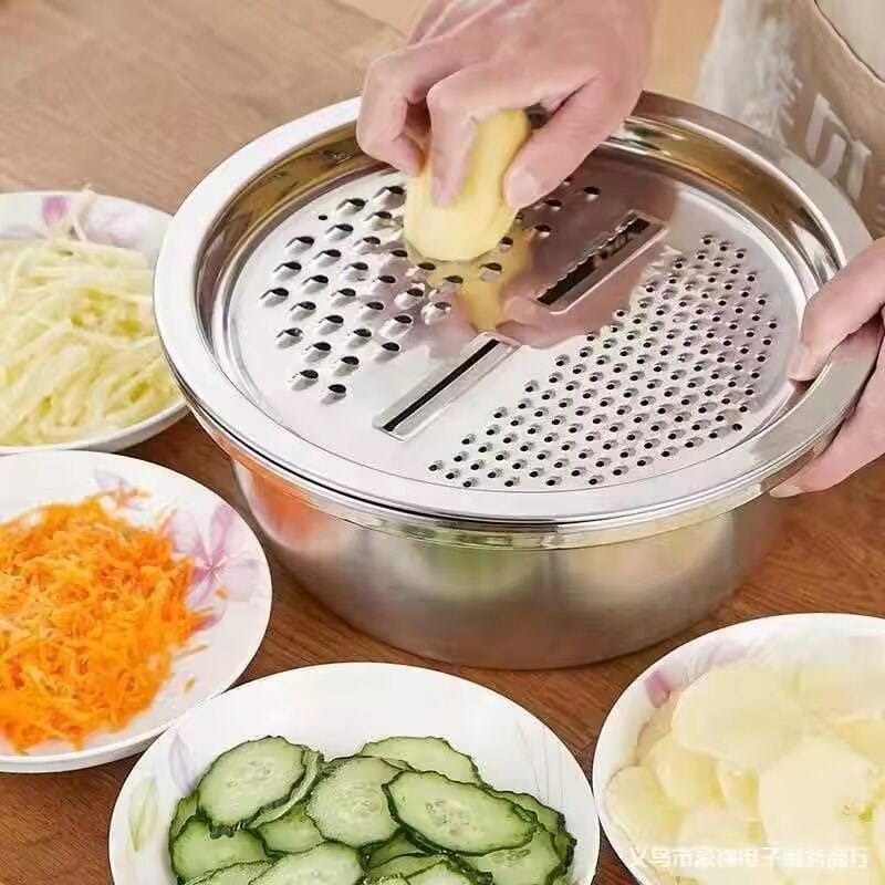 Picture of Food Chopper Vegetable Slicer 3pcs Stainless Steel Metal QX Kitchen Tools Food Chopper Vegetable Slicer Dicer Cutter Grater Fruit Vegetable Drain Basin Set