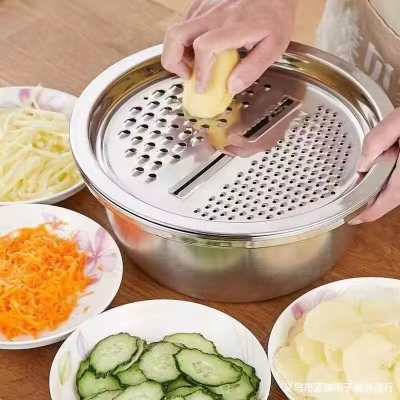 Picture of Food Chopper Vegetable Slicer 3pcs Stainless Steel Metal QX Kitchen Tools Food Chopper Vegetable Slicer Dicer Cutter Grater Fruit Vegetable Drain Basin Set