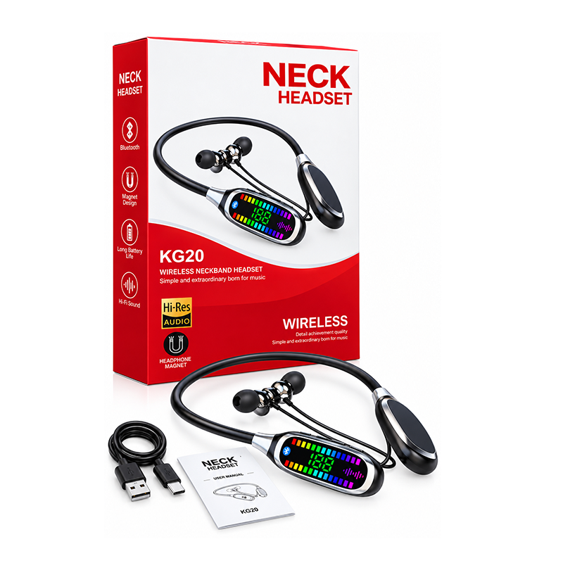 Picture of KG20 Wireless Neckband Headset - Hi-Res Audio Bluetooth Earphone with Smart LED Display, Extra Bass & Long Battery Life - Black