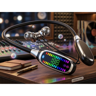 Picture of KG20 Wireless Neckband Headset - Hi-Res Audio Bluetooth Earphone with Smart LED Display, Extra Bass & Long Battery Life - Black