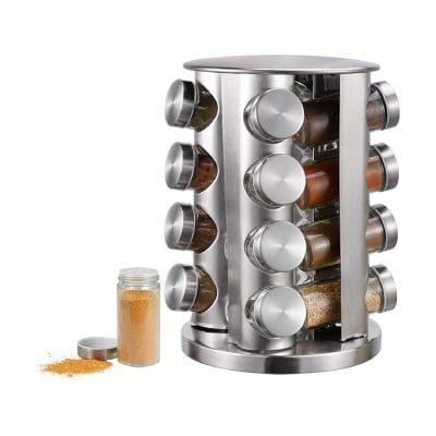 Picture of Set of 16 Spice Jars | Revolving Spice Tower | Round Spice Rack |  Seasoning Storage Organization-Silver