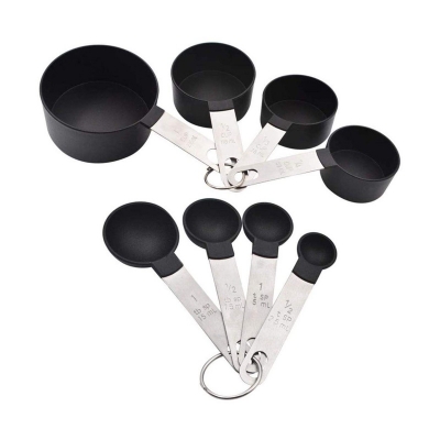 Picture of Stainless Steel Handle Plastic Measuring Cup Measuring Spoon 8 Piece Set - Cup and Spoon-Black