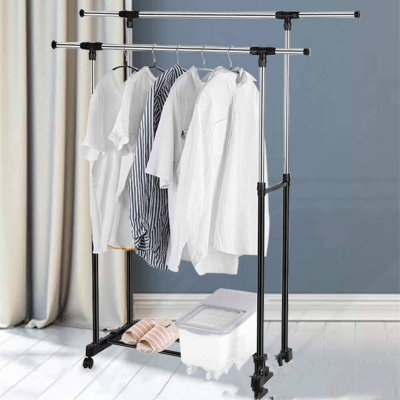 Picture of Stainless Steel Pole Clothes Hanger - Adjustable Clothes Rack Double-Pole Clothes Rack Hanger Garment Rack with Rolling wheels-Black