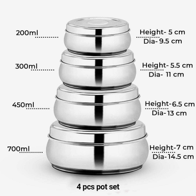 Picture of Stainless Steel Belly Food Storage Containers,Fridge Storage Boxes,Kitchen Organizer,4 Pc,Kitchen Storage Containers,9.5, 10, 11 &13 cm-Multicolor