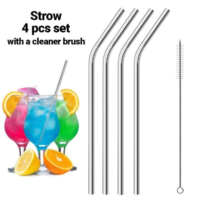 Picture of 4 pcs set Metal Straws, 304 Stainless Steel Straws for Reusable Drinks, Mug Bar Accessories (Cleaner Brush Included)-Silver