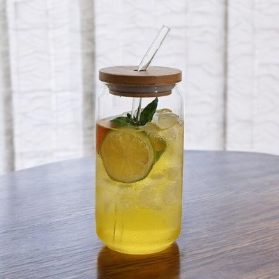 Picture of Can Shaped Glass Cup with Bamboo Lid & Glass Straw – Borosilicate Iced Coffee, , &  Tumbler – Microwave Safe, Scratch Resistant & Lightweight – 1 Pc