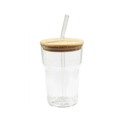 Picture of glass tumbler with a bamboo lid and a reusable glass straw,