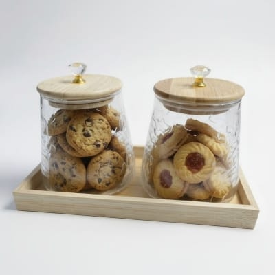 Picture of Premium Airtight Glass Storage Canister Set with Natural Wooden Lids & Crystal Knobs, Displayed on a Coordinated Bamboo Serving Tray – Ideal for Kitchen Organization