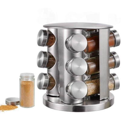 Picture of Spice Rack with 12 pcs Jars Revolving Countertop, Spice Organizer Tower, Spice Carousel Stand Holder Stainless Steel Top Glass Jars for Kitchen-Silver