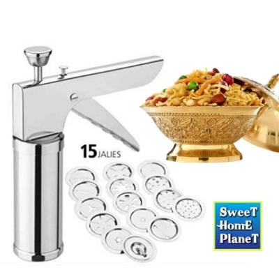 Picture of Stainless Steel Kitchen Press 15 Different Disc Grater Biscuit Cookies Indian Snacks Murukku Maker Farsan Sev Maker with Stainless Steel 15 Jalis-Silver