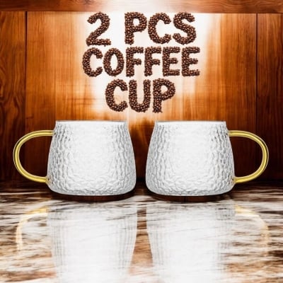 Picture of Set of 2 High Borosilicate Glass Cups with Golden Handle – 420ml Capacity, Eco-Friendly, Transparent Design for Tea, Coffee, and Water Use