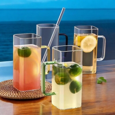 Picture of 4PCS Square Transparent Glass Cups - 400ML Borosilicate Tea Cups - Lightweight, Scratch Resistant, Microwave Safe Beverage Glasses for Living Room, Office, Dorm, School, or Home Use.