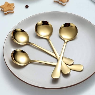 Picture of 7.5" Stainless Steel Titanium Coated Shiny Gold Round Silverware Sup Spoon 6 pcs Set Durable Easy Clean Dishwasher Safe-Gold