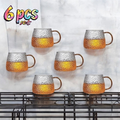 Picture of 410ML Borosilicate Hammer Glass Tea Cups - 6 Pcs Set, Lightweight, Dishwasher Safe, Clear Round Design for Milk, Tea, Juice, Coffee