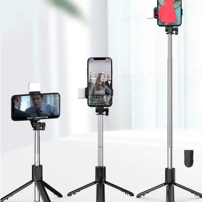 Picture of Portable Mobile Phone Tripod Selfie Stick for Taking Photos Live Streaming Rechargeable Bluetooth Remote Control-Black