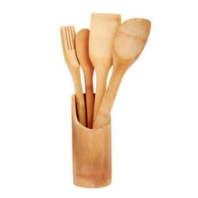 Picture of 5pc Wooden Spoon Set Kitchen Utensils with holder - Chopsticks-Brown