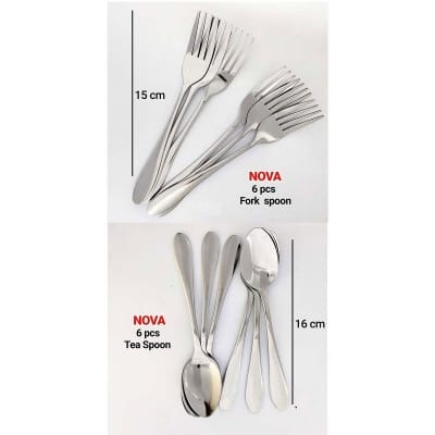 Picture of (Set of 12) Nova Brand new Stainless Steel Tea & fork Spoon 6 pcs tea and 6 pcs Fork spoon, Silver-Silver