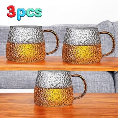 Picture of 410ML Borosilicate Hammer Glass Tea Cup - 3 Pcs Set, Dishwasher Safe, Lightweight, Classic Round Design, Clear Glass for Milk, Tea, Juice