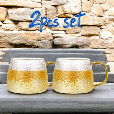 Picture of 410ML High Borosilicate Hammer Glass Tea Cup - Classic Style, Dishwasher Safe, Lightweight, Clear Round Design, Pack of 2 for Tea, Milk, Juice