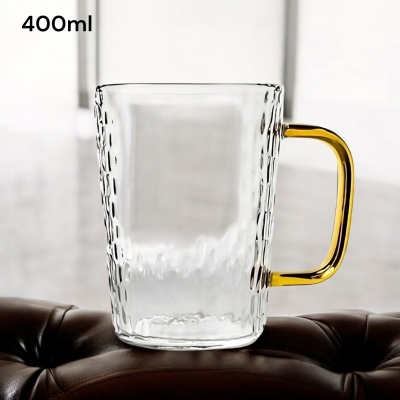 Picture of Premium Borosilicate Glass Mug with Large Yellow Handle, Funnel Shape, Dishwasher Safe - Lightweight, Classic Style, 400ml Capacity, Clear Round Glass for Tea, Coffee, and Cold Drinks.