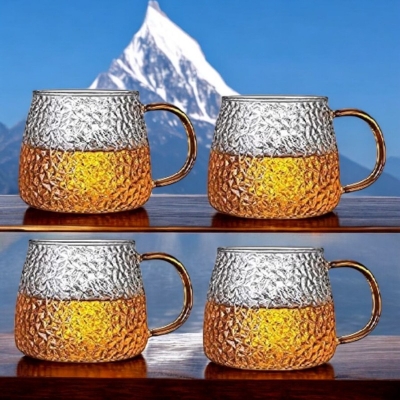 Picture of 410ML High Borosilicate Hammer Glass Tea Cups - 4 Pcs Pack, Dishwasher Safe, Lightweight, Classic Round Design, Clear Glass for Milk, Tea, Juice, and Coffee