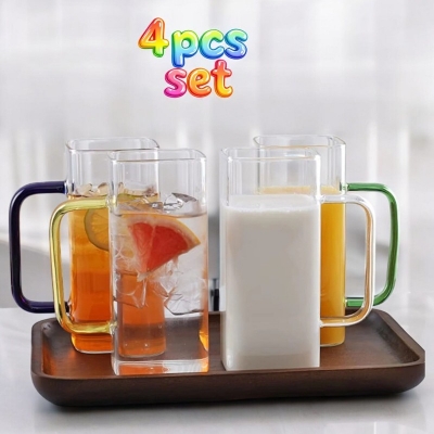 Picture of 4PCS Colorful Square Transparent Glass Cups - 350ML Borosilicate Beverage Cups - Microwave Safe, Scratch Resistant, Lightweight Tea Cups for Living Room, Office, School, Dorm, and Home Supplies.