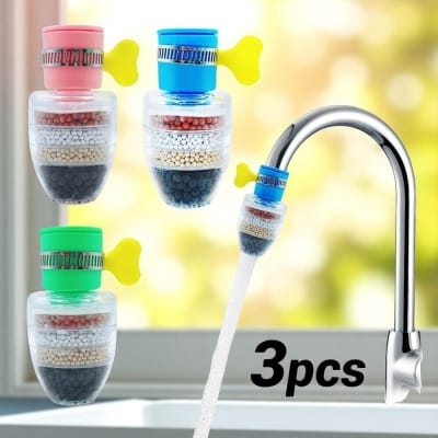 Picture of 3Pcs Faucet Filter Set with 6-Layer Activated Carbon – Splash Proof Rotatable Nozzle Tap Head – Easy Installation and Reusable Water Purifier for Kitchen, Bathroom and Shower Sink