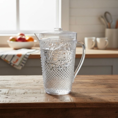 Picture of Elegant Beaded Acrylic Pitcher 2.5 Quart | Shatterproof, BPA-Free Clear Plastic Drinkware with Lid & Handle | Perfect for Indoor & Outdoor Entertaining, Iced Tea, Lemonade & Water Serving