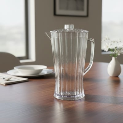 Picture of Durable Clear Ribbed Plastic Beverage Pitcher, 64 oz/2 Qt Food-Grade Polycarbonate/SAN Plastic Jug with 3-Position Lid & Handle, Dishwasher Safe Iced Tea, Lemonade, Juice Server, Break-Resistant Hospitality Tableware, Safe & Sanitary Pouring Container
