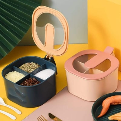 Picture of 4 Grids Kitchen Seasoning Storage Container Box Condiment Spice Holder with Lid Bulk food Boxes-White