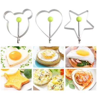 Picture of 3 Pack Stainless Steel Egg Rings Egg Shapers Cookie Cutters Biscuit Mold Bear Heart Star Mold with Silicone Handle for Baking Cooking-Silver
