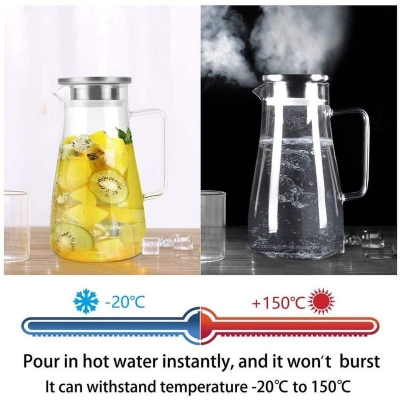 Picture of Borosilicate Glass Pitcher with Handle, Heat Resistant Water Pitcher with Stainless Steel Lid, Large Pitcher for Homemade Juice and Iced Tea-transparent