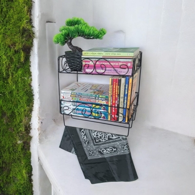 Picture of Black Metal Wall Quran Stand with Jainamaz Hangers – 2-Layer Design, 14.5x10x12 Inches – Ideal for Quran Display in Home or Mosque