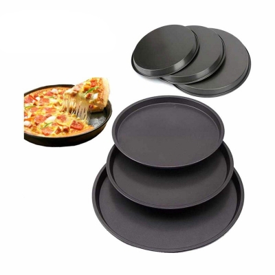 Picture of Carbon Steel Pizza Pan Tray for Baking in Microwave Oven Non Stick Set of 3 Black (25.5 - 28.5 - 31.5 cm)-Black