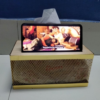 Picture of Wooden Cover Tissue Box with Mobile Holder Stand for car Office & Home golden color & heavy metal with Attractive design-Gold